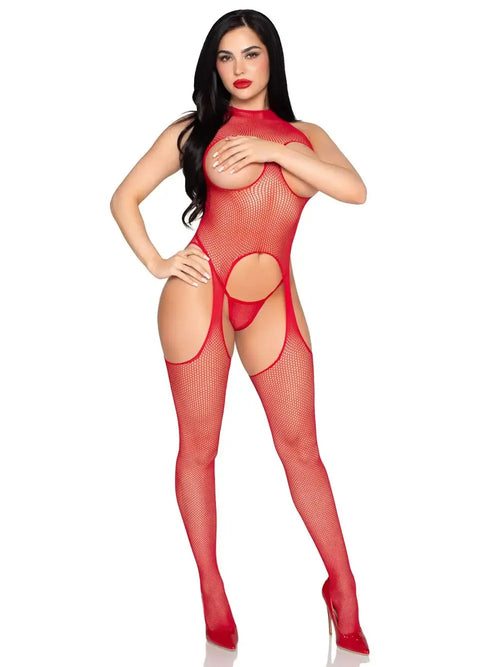 2 Pc Circle Net Cupless Suspender Lingerie Jumpsuit and Matching Panty - Os - Red – nylon | Fu'Cha Exotics