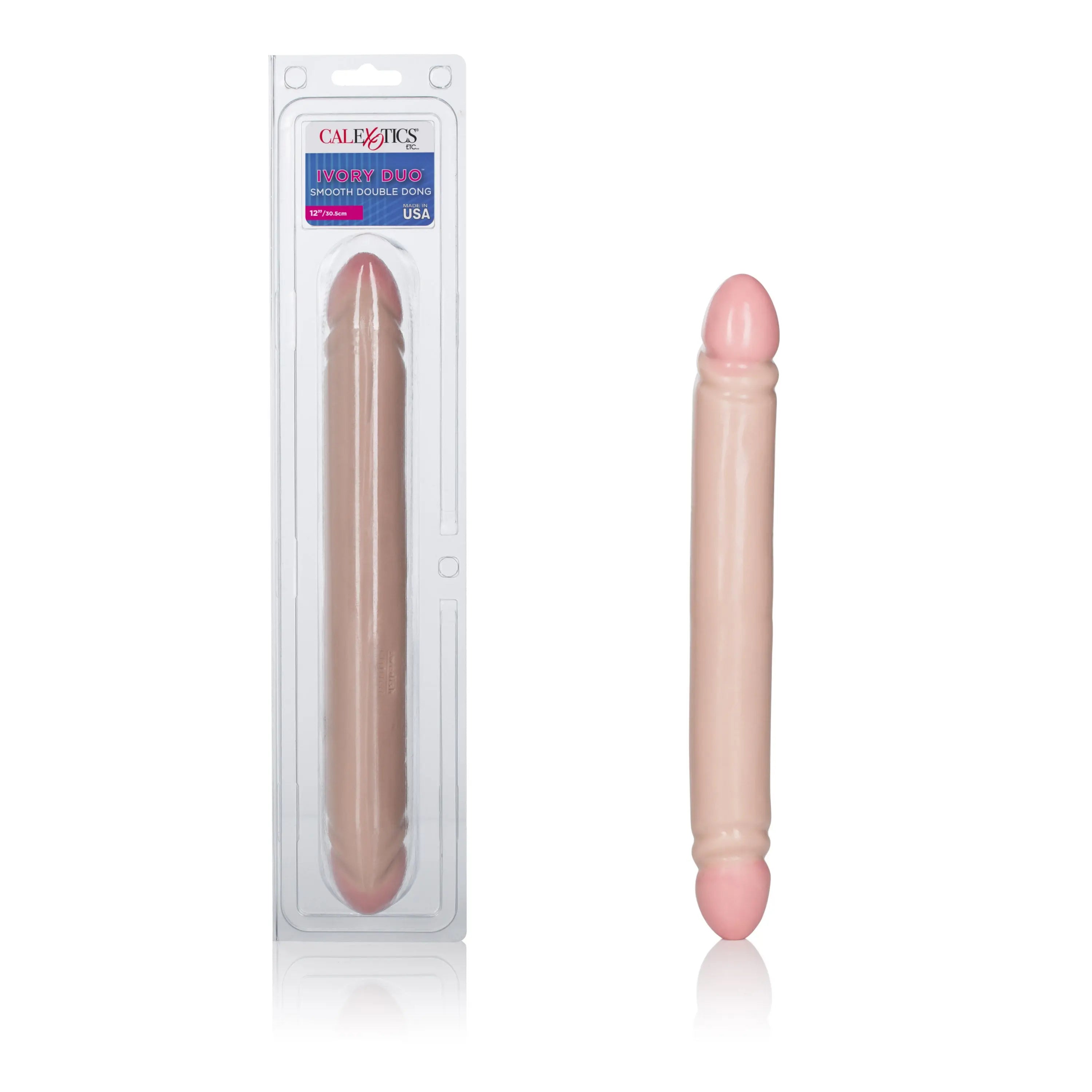 Smooth double dong with two nude-tone phallic shapes, glossy finish, 12 in