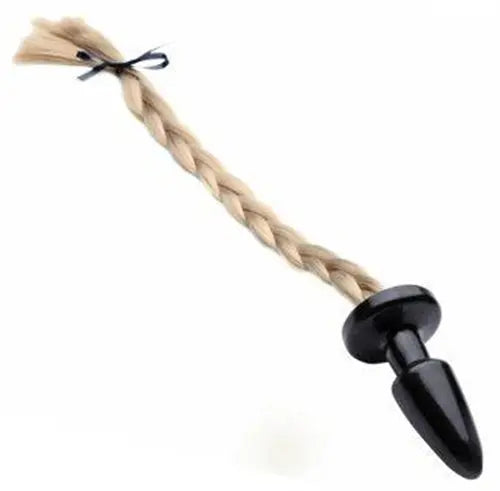 Anal plug with braided beige tail and black tapered base