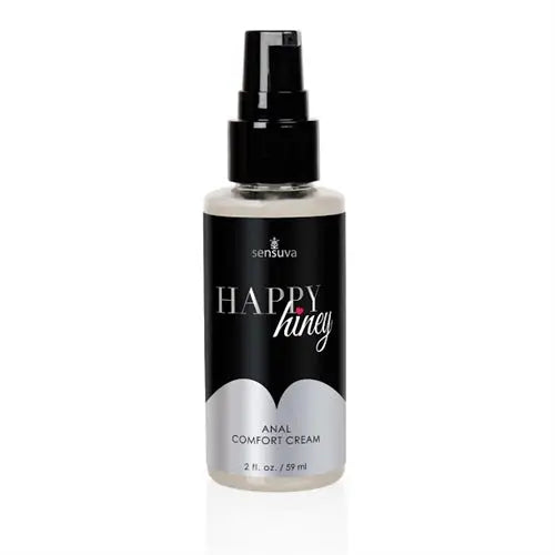 Anal comfort cream pump bottle, black label, white cream inside.