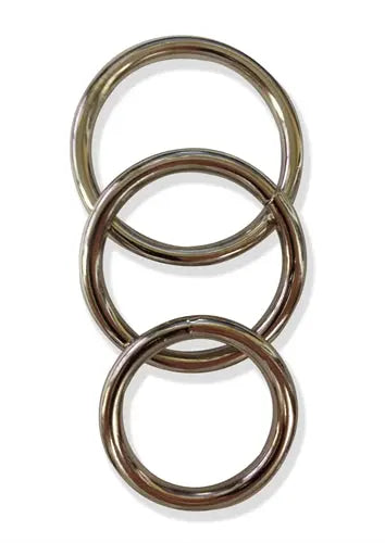 Three metal O-rings, round silver tone, stacked set