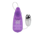 Purple teardrop personal massager with attached cable and chrome-toned tip