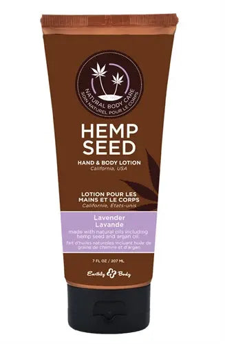 Hemp seed hand and body lotion tube, brown with lavender label