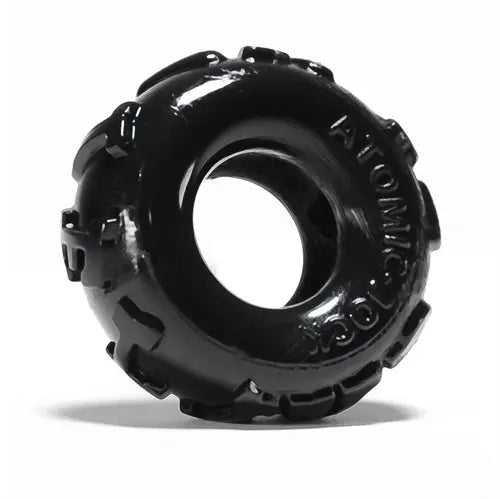 Black glossy atomic cockring with raised studs around the outer ring
