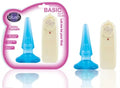 Anal Pleaser blue anal plug with tapered tip, shown in blister pack.