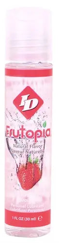 Strawberry natural flavor bottle with pink cap and Futopia label, ID logo