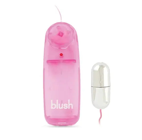 Silver Bullet Mini blush wand in pearl pink, with hanging cord and clear tip