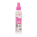 Toy cleaner bottle with pink spray cap and clear bottle, CalExotics label