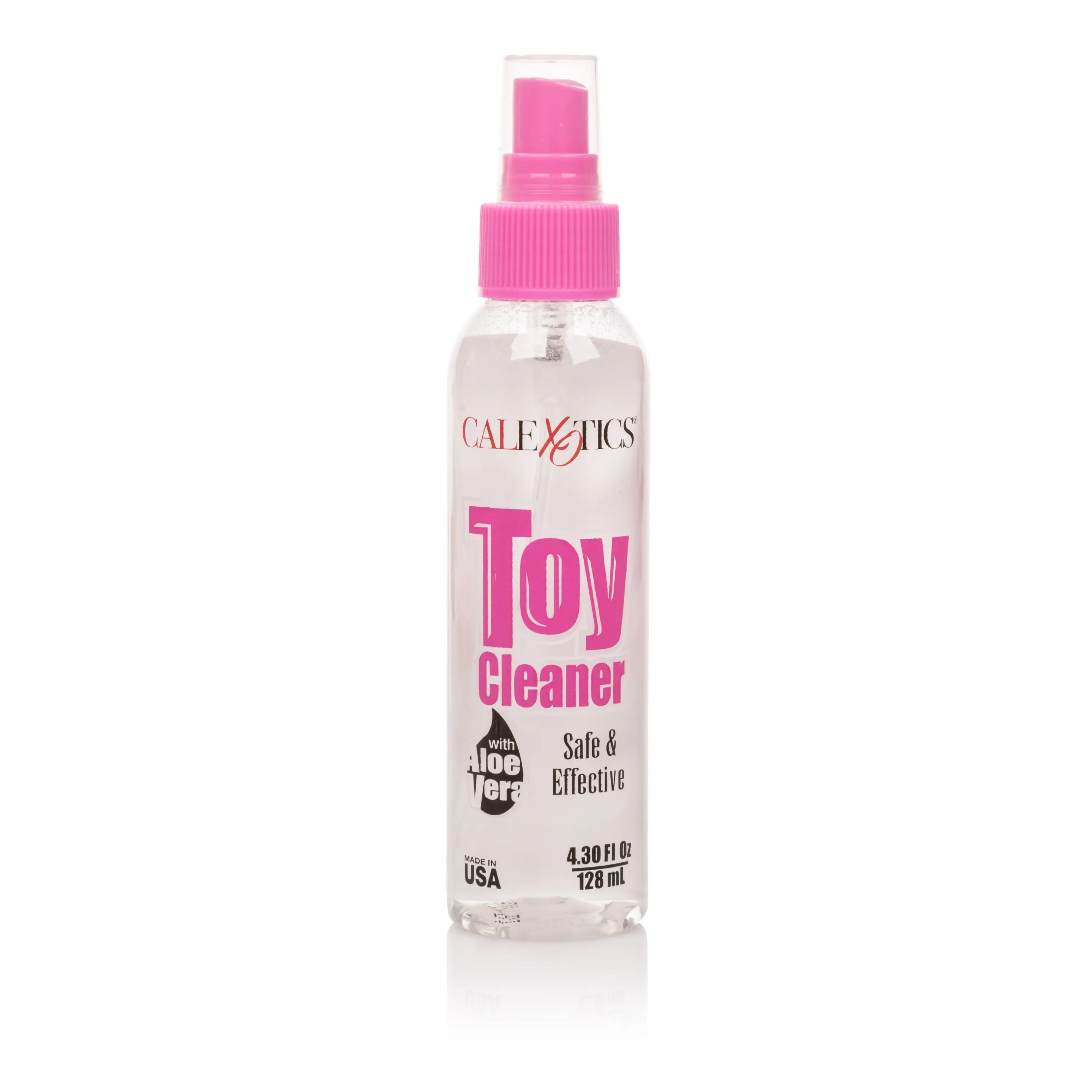 Toy cleaner bottle with pink spray cap and clear bottle, CalExotics label
