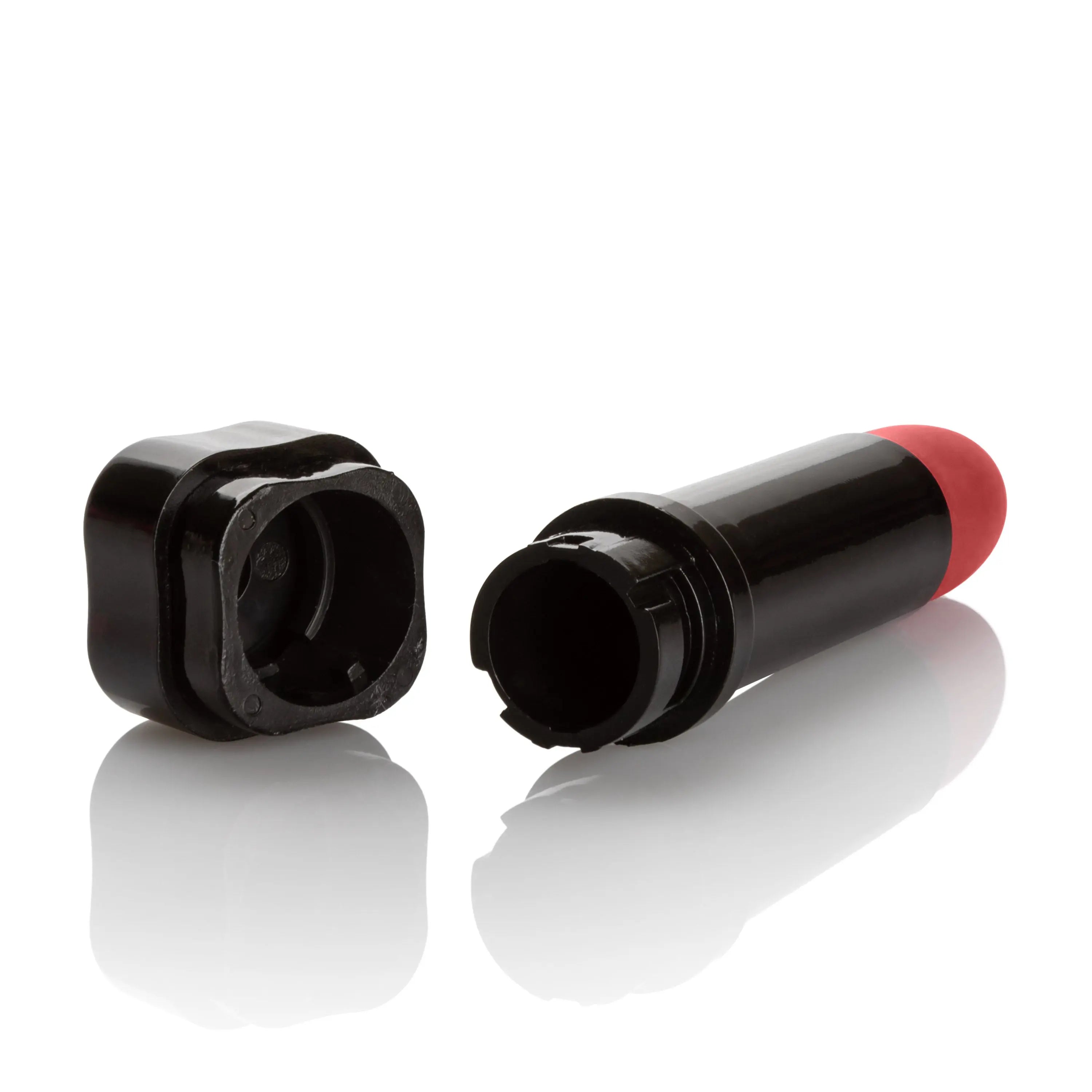 Hide and Play lipstick in red, with black cap open and exposed tube