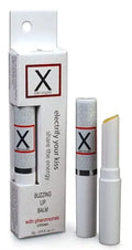 Lip balm stick in white tube with X logo, clear cap and label.