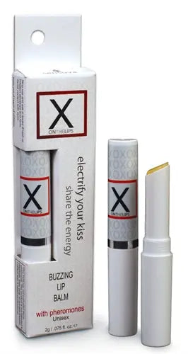 Lip balm stick in white tube with X logo, clear cap and label.
