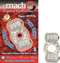 Clear crystal pleasure ring with two connected bands and raised bead-like details