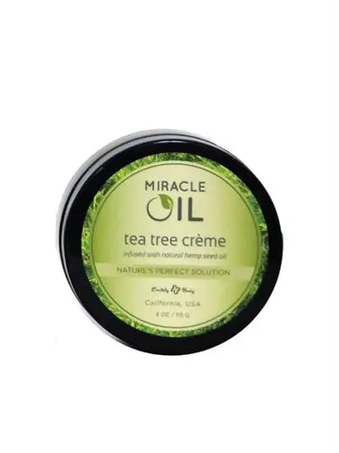 Tea tree miracle oil creme jar, green label, black lid