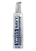 Water-based lube bottle with pump, clear liquid and blue Swiss Navy label, 4 fl oz