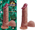 Realistic 9-inch maroon dildo with textured shaft and suction base in bent pose