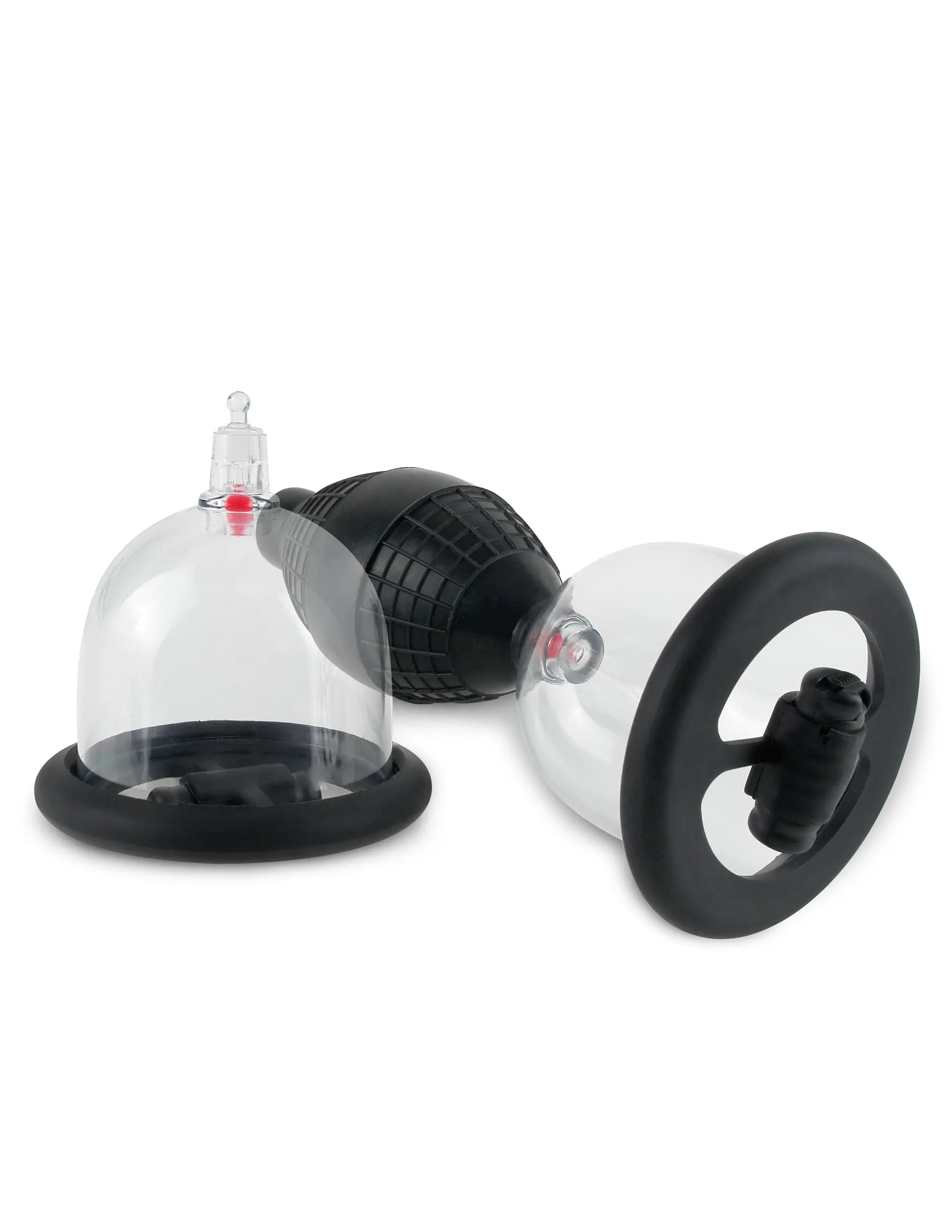 Vibrating nipple pleasure cups with clear domed suction pads and black controller