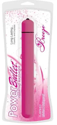 Fuchsia 5-inch bullet massager with curved tip, packaged in a clear blister.