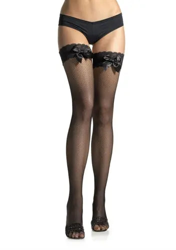 Black fishnet thigh-high stockings with satin top band and black bow detail