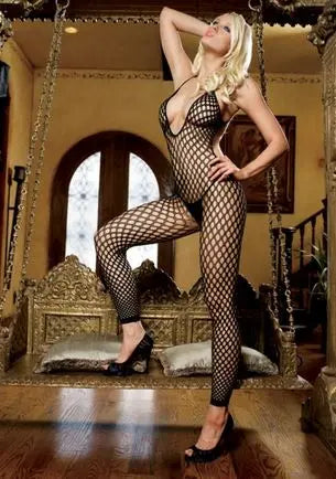 Black crochet net footless bodystocking with long legs and high neckline