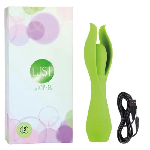 Lust L5 green silicone vibrator with dual flared tip and charging cable