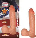 Flesh-colored 10-inch straight dildo with suction cup base, textured shaft and tip