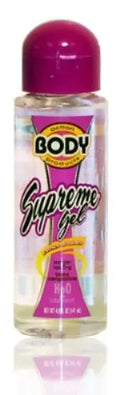 Supreme gel body lotion bottle in pink with purple label and pink cap