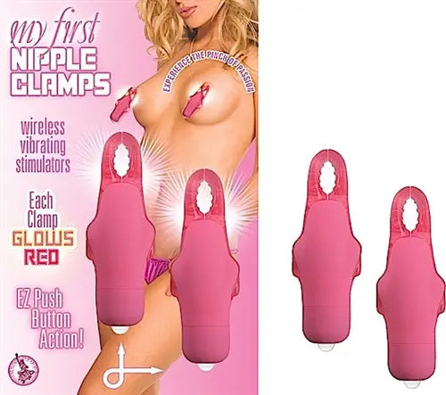 Pink nipple clamps set with oval openings, EZ push button for wireless vibrating use