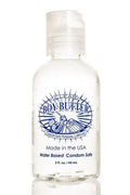 Personal lubricant bottle with clear liquid and blue label, water-based formula