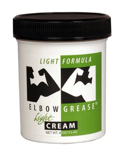 Elbow Grease light cream jar, black screw lid, white and green label, 4 oz.