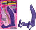 Purple double-bullet cock ring with two curved prongs and bullet-style stim tips