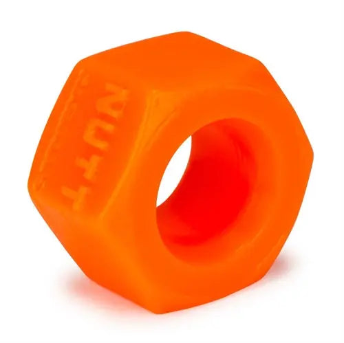 Orange short ball stretcher with circular opening and embossed branding