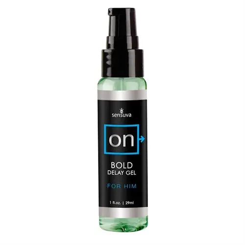 Men's bold delay gel bottle with pump, black and green label, 1 fl oz