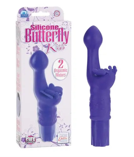 Purple silicone butterfly-shaped massager with curved base handle