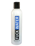 Water-based lubricant bottle with black cap, clear liquid, blue label