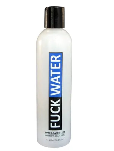 Water-based lubricant bottle with black cap, clear liquid, blue label