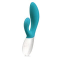 Blue silicone wave-shaped massager with curved tip and white base
