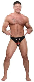 Black bikini briefs with red triangular front detail and eyelet accents, one size