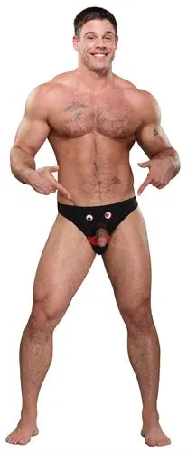 Black bikini briefs with red triangular front detail and eyelet accents, one size