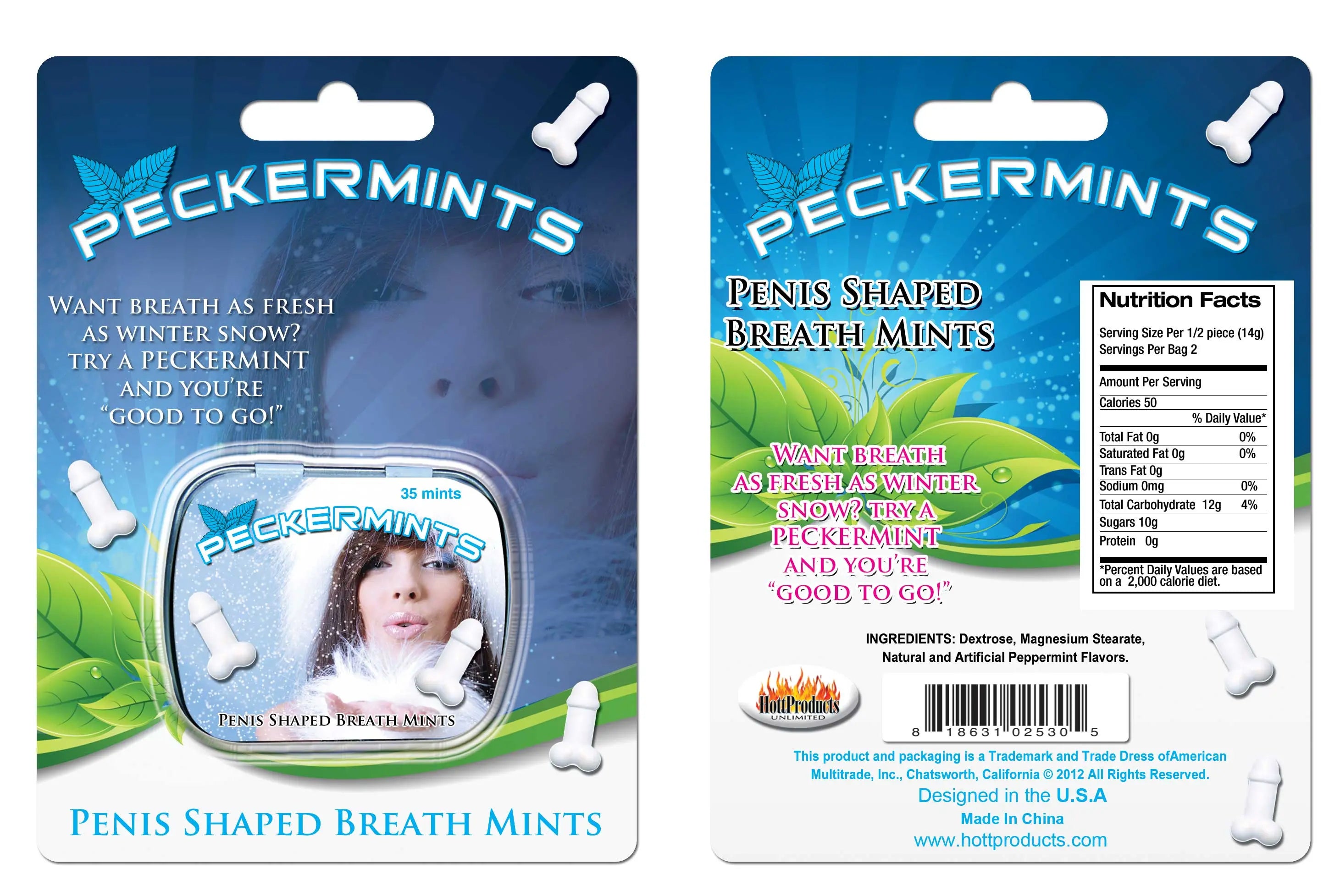 Peckermints blister card for penis-shaped breath mints, with nutrition facts panel