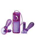 Vibrating nipple pump set with two purple suction cups and handheld controller, translucent