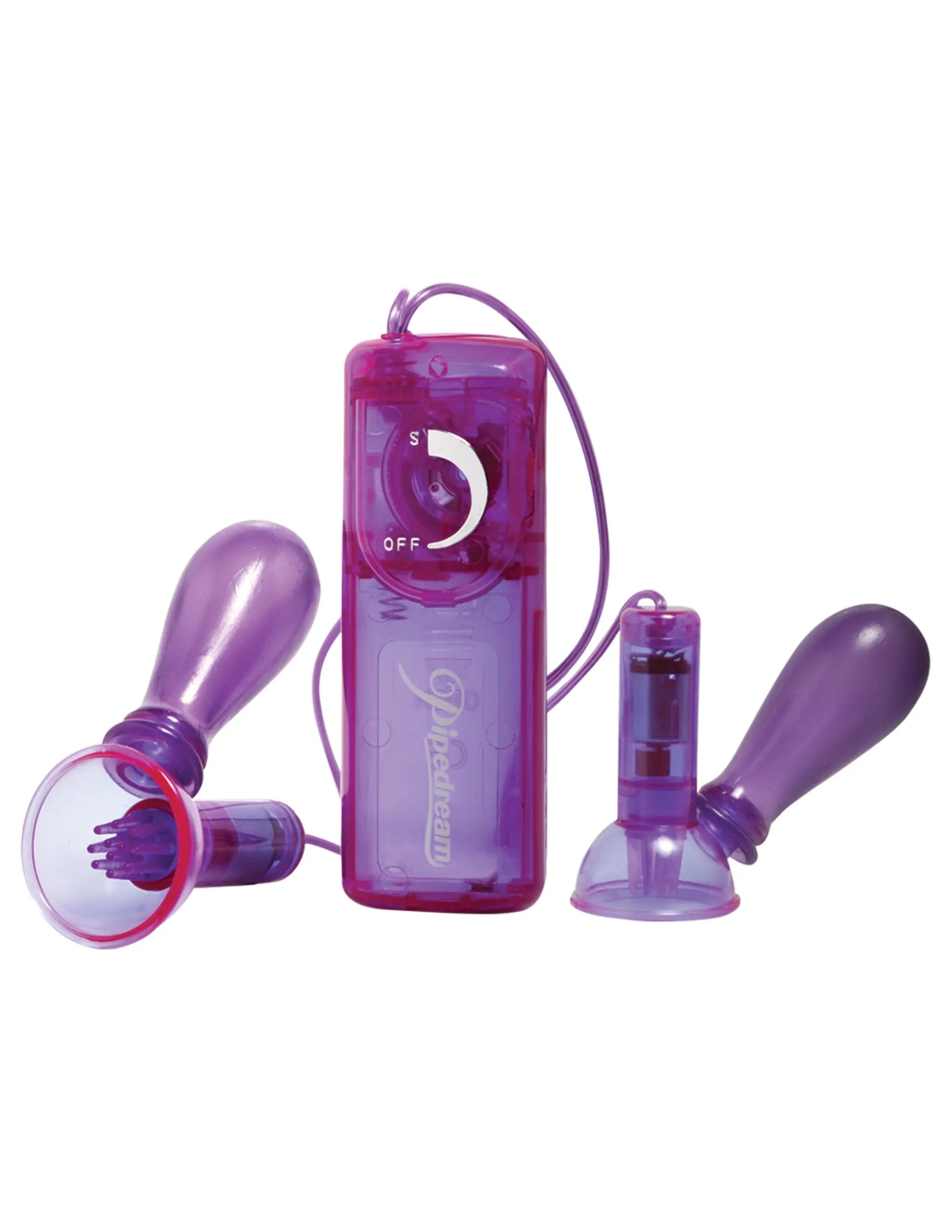 Vibrating nipple pump set with two purple suction cups and handheld controller, translucent
