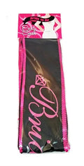 Bride-to-Be party sash with pink lettering and dark black fabric, pink tassel trim