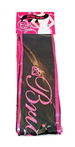 Bride-to-Be party sash with pink lettering and dark black fabric, pink tassel trim