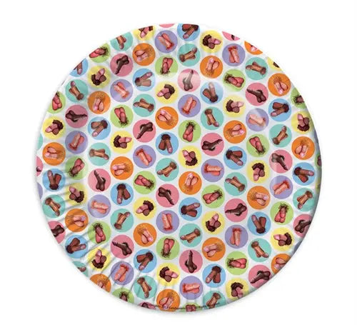 Round paper plates, mini penis pattern, colorful cartoon prints, pack of 8