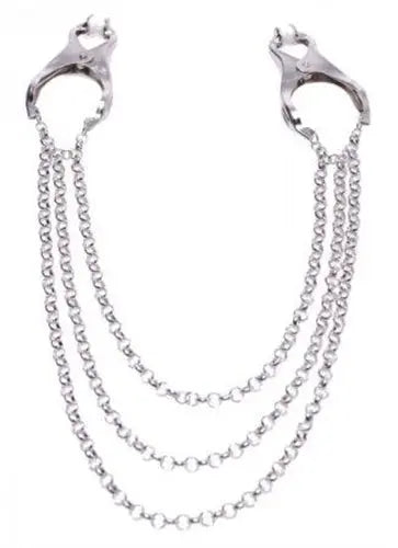 Affix triple chain nipple clamps with two metal rings and three linked chains