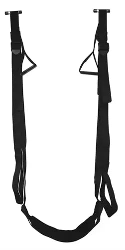 Black strappy door-hang sling with leg loops and adjustable buckles