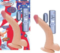 Beige realistic silicone vibrating penis-shaped sex toy with flared base and blue control unit