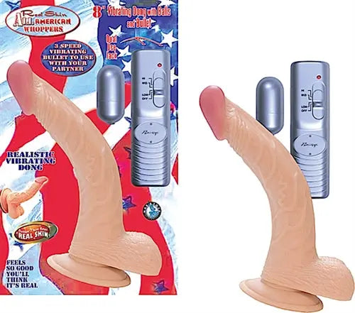 Beige realistic silicone vibrating penis-shaped sex toy with flared base and blue control unit