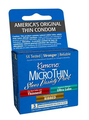 Microthin sheer condom variety pack, 3-count box with blue packaging